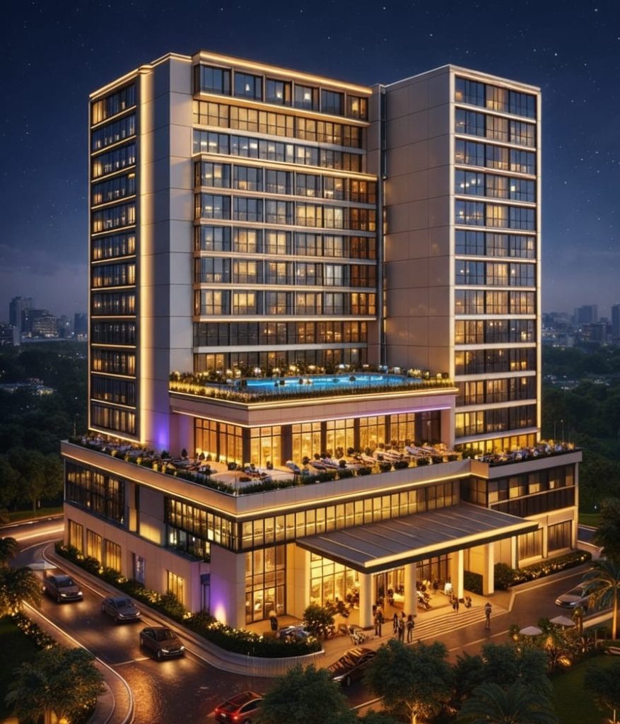 Modern Luxury Nexora Structure Hotel Building With Rooftop Swimming Pool At Night