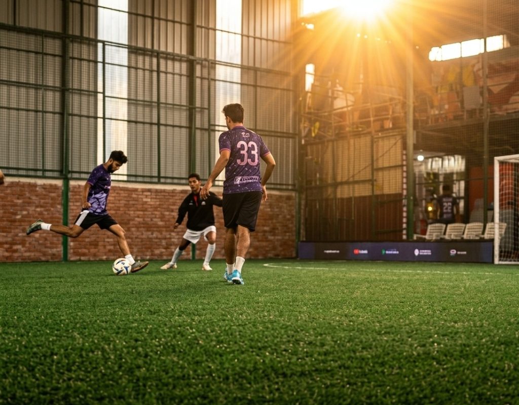 Nexora Structure Limited Company an Indoor Football Field. On green turf where a player in a purple jersey prepares to strike a soccer ball. Two others player are nearby, and bright sunlight streams through the high windows of the warehouse-style facility, Creating a lens flare effect.