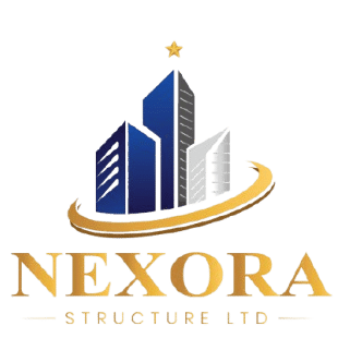 professional logo for "NEXORA STRUCTURE LTD" featuring a stylized blue and silver skyscraper icon topped with a gold star, encircled by a gold swoosh, with gold serif lettering below.