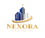 A professional logo for "NEXORA STRUCTURE LTD" featuring a stylized blue and silver skyscraper icon topped with a gold star, encircled by a gold swoosh, with gold serif lettering below.